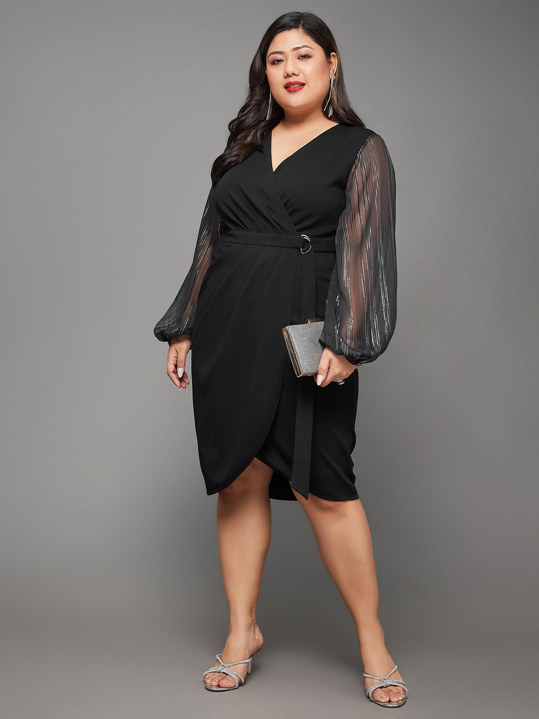 Body Bliss Black Wrap Knee-Length Dress for Women