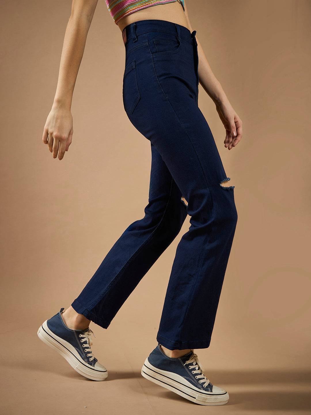 Women's Navy Blue Bootcut High-Rise Clean-Look Regular Stretchable Denim Jeans