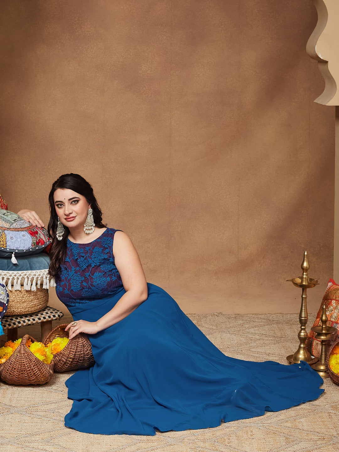 Royal Blue Round Neck Sleeveless Georgette Floral Lace Fit & Flare Maxi Dress for Women