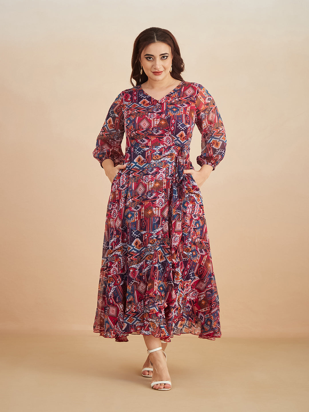 Multicolored V-Neck Three-Quarter Sleeve Geometric Patterned Wrap Midi Chiffon Dress for Women