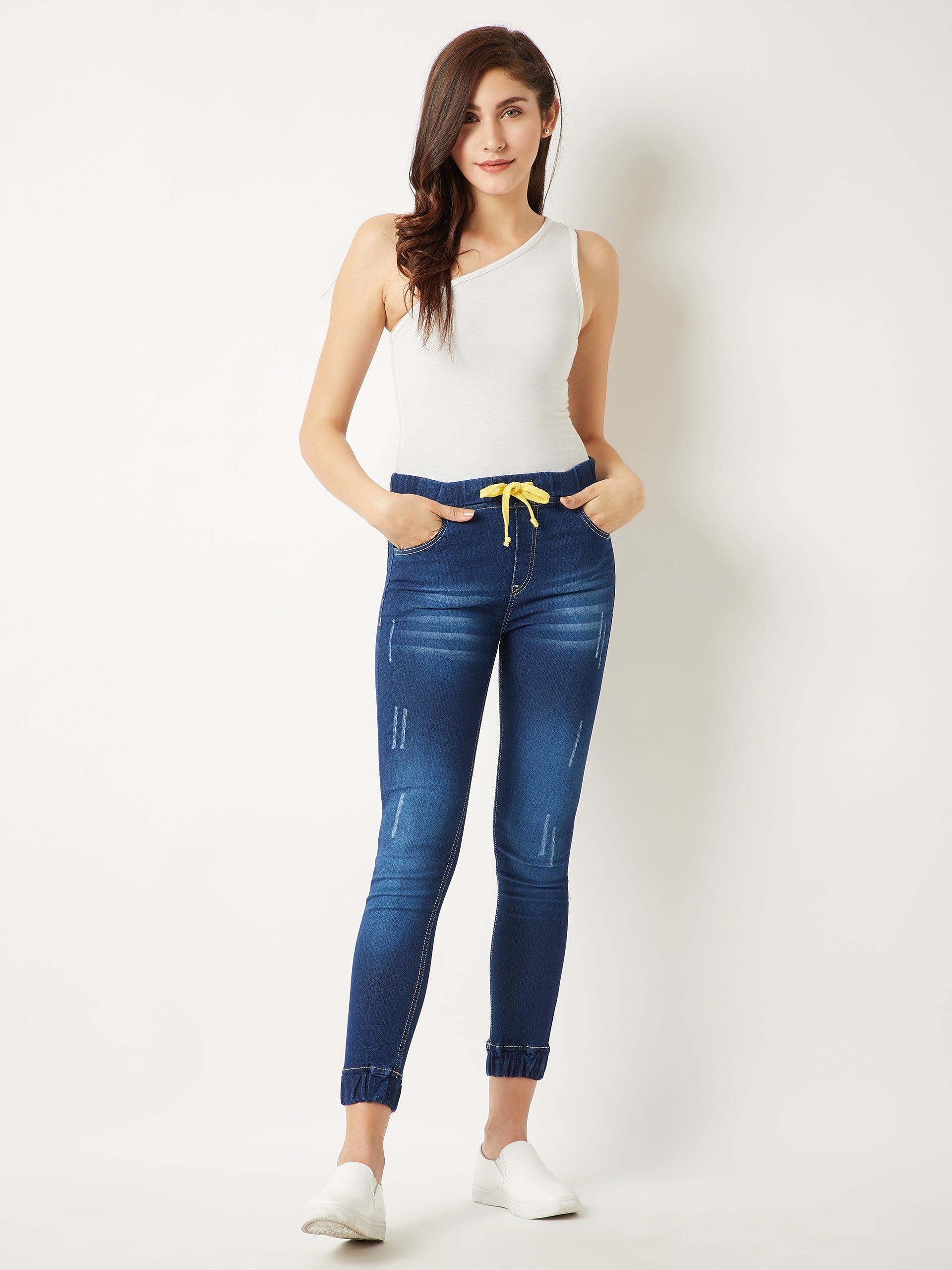 Women's Navy Blue Relaxed Fit Mid Rise Clean-Look Scraping Detail Ankle Length Denim Joggers