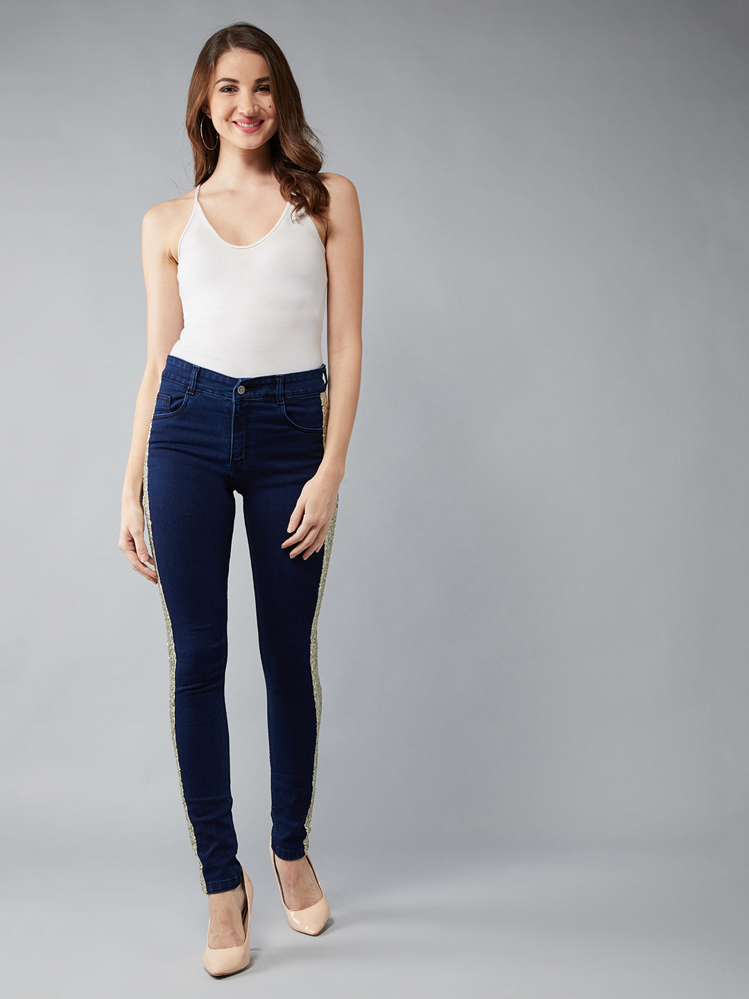 Women's Navy-Blue Skinny Mid-Rise Denim Jeans Pant