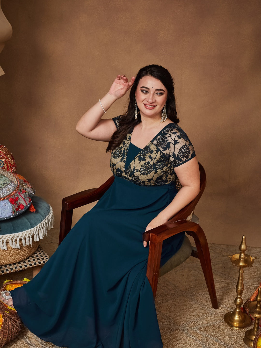 Teal Square Neck Raglan Short Sleeve Self Design Lace Overlaid Georgette Maxi Dress for Women