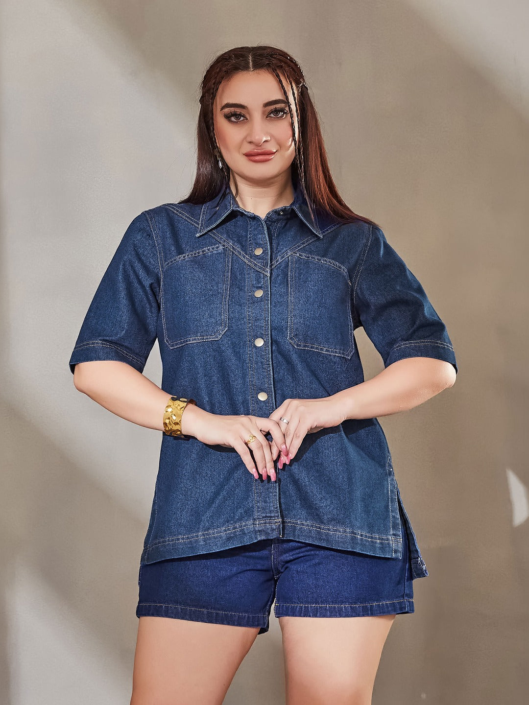 Navy Blue Boxy Denim Shirt - Half Sleeves, Collared, Relaxed Fit for Women