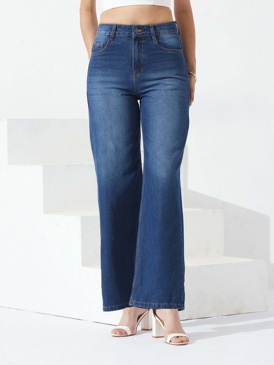 Navy Blue Wide-Leg High-Rise Denim Jeans for Women