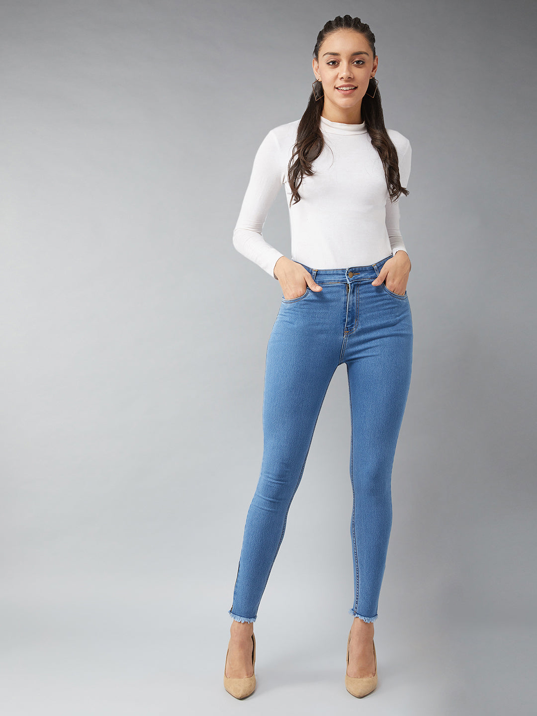 24/7 Comfort Blue Skinny High-Rise Clean-Look Fringe And Side Zipper Detailing Cropped Denim Jeans