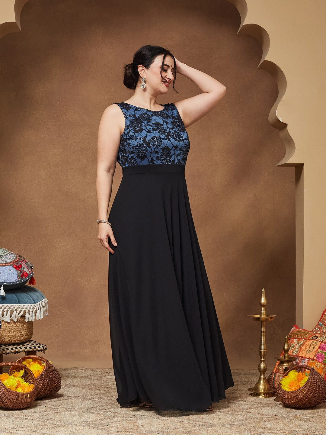 Blue & Black Round Neck Sleeveless Georgette Floral Lace Fit & Flare Maxi Dress for Women