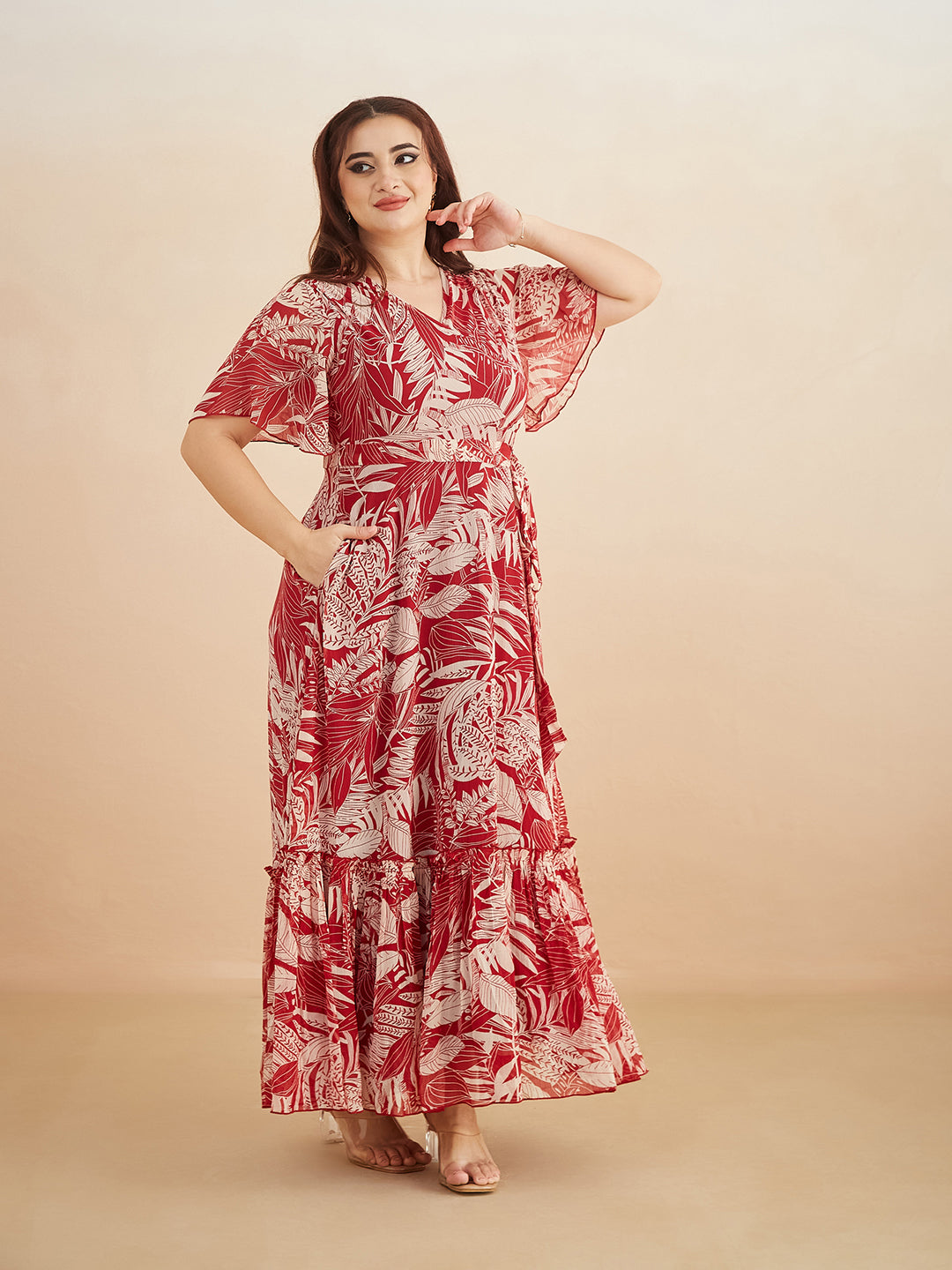 Multicolored-Base-Maroon V Neck Flared Sleeve Floral Wrap Maxi Dress for Women