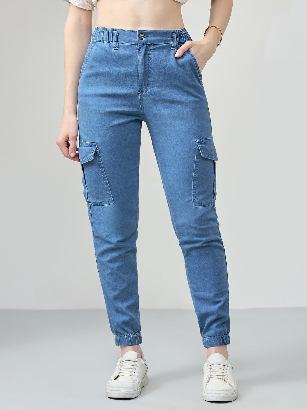 Light Blue Regular high-rise Regular Stretchable Light Weight Denim joggers for Women