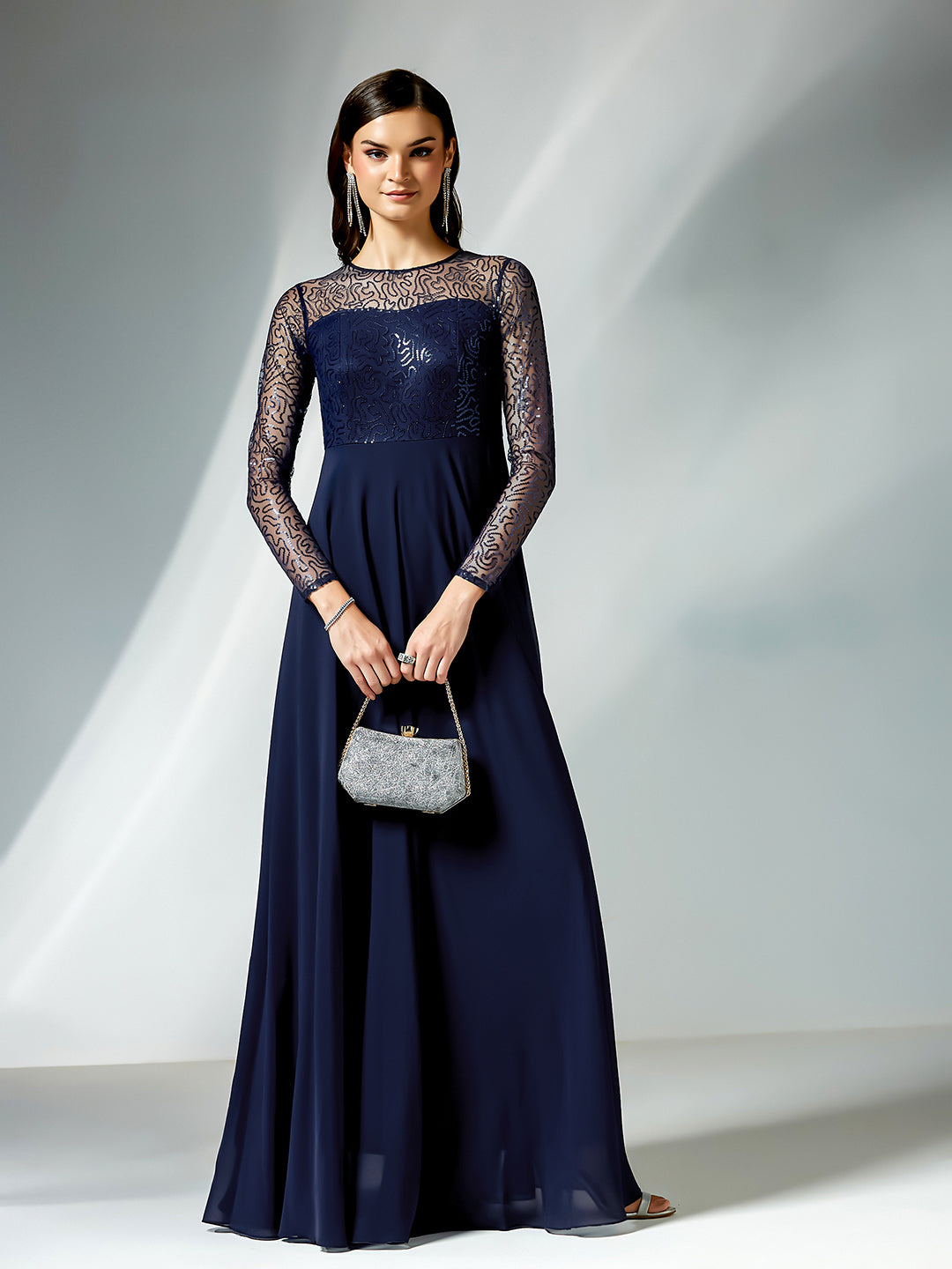 Navy Blue Solid Embellished Maxi Dress for Women