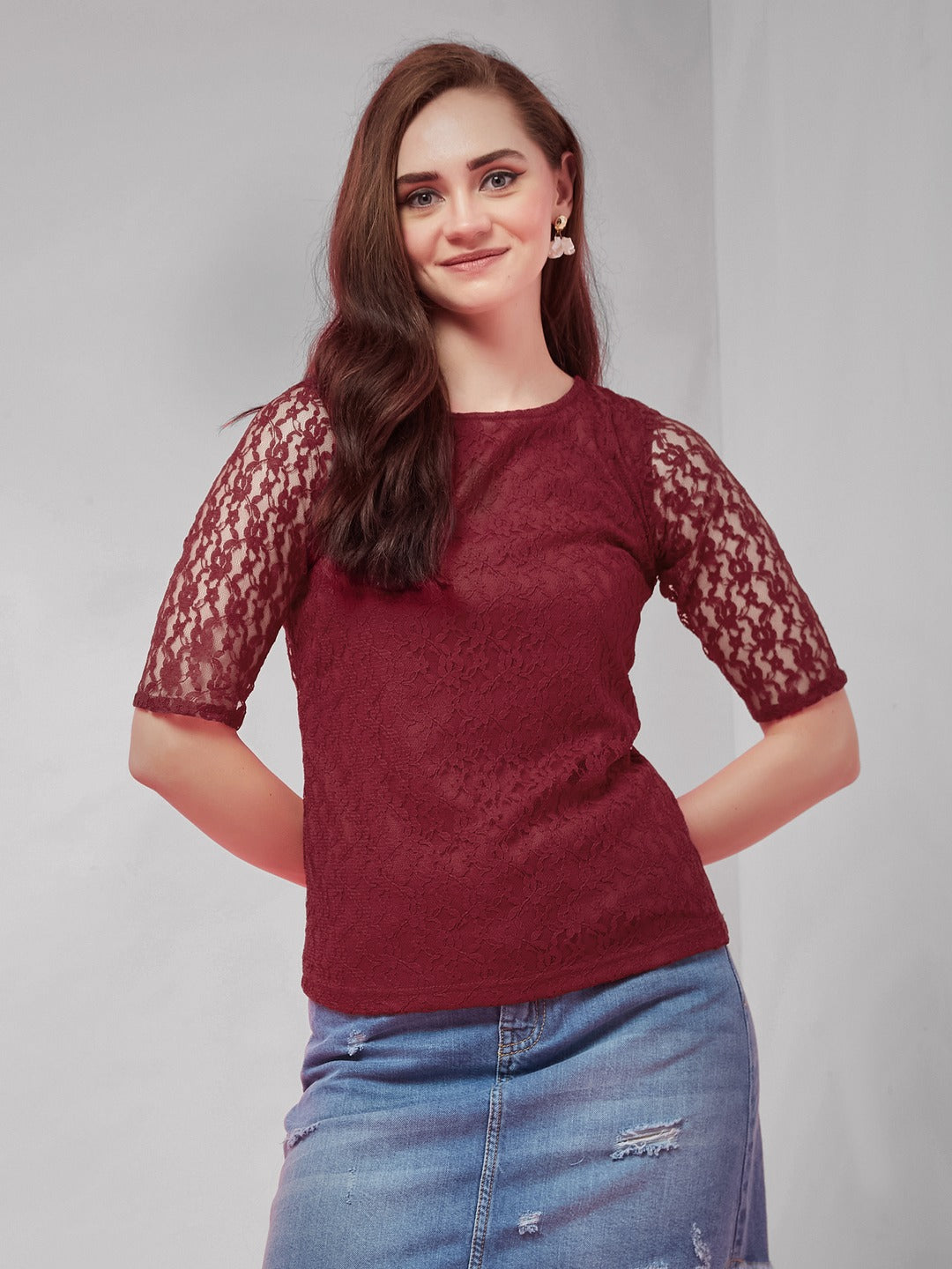 Maroon Round Neck Half Sleeves Basic Lace Crop Top for Women