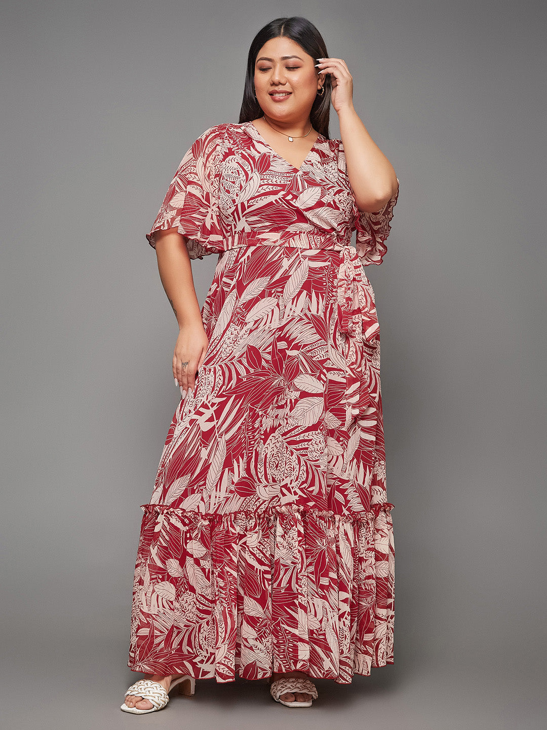 Maroon Floral Printed Flutter Sleeves Maxi Dress Long Dress Gown Frock for Women | The Summer Holiday Story