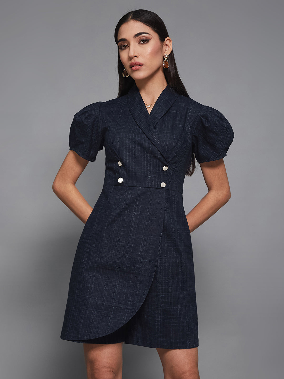 Navy-Blue Shawl-Collar Half-Sleeve Self-Designed Overlapped Knee-Long Playsuit for Women