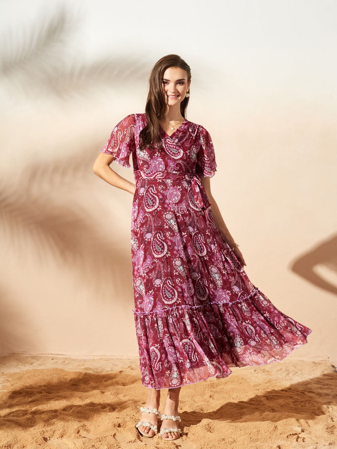 Wine Floral Printed Flutter Sleeves Maxi Dress for Women