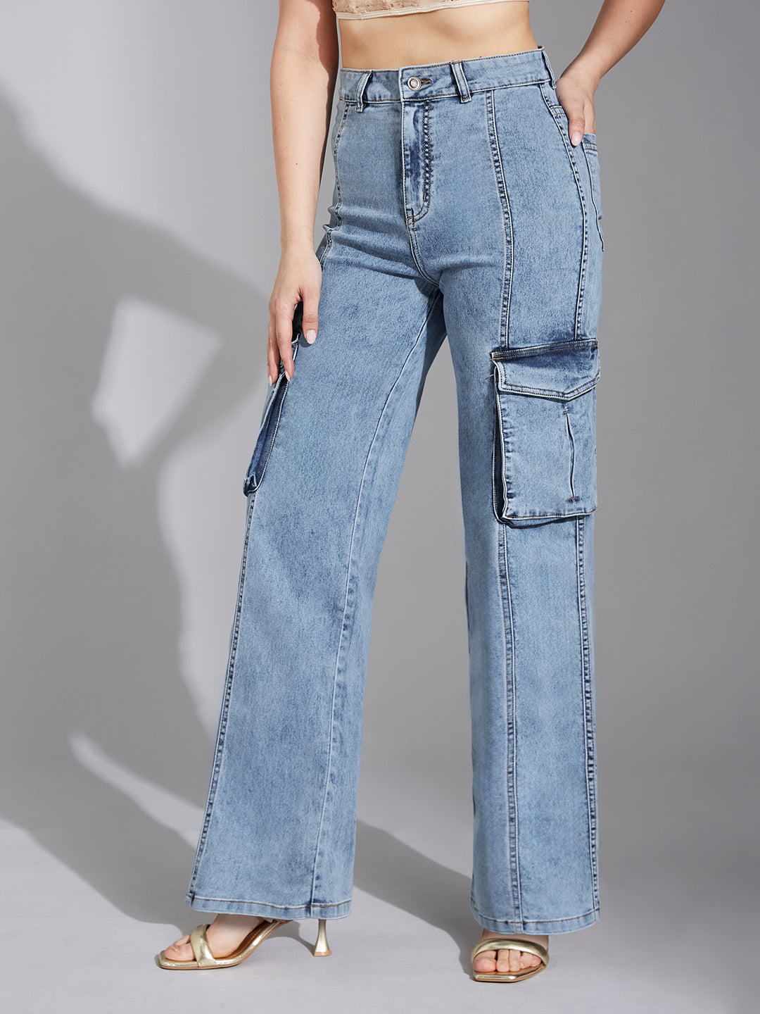 Women's Blue Wide-Leg High-Rise Clean-Look Stretchable Patch-Pocketed Denim Jeans