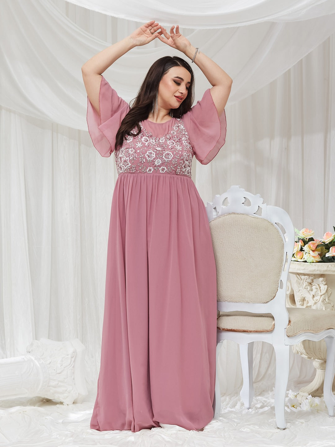 Dusty Lavender Boat Neck Half Sleeve Solid Embellished Georgette Maxi Dress for Women