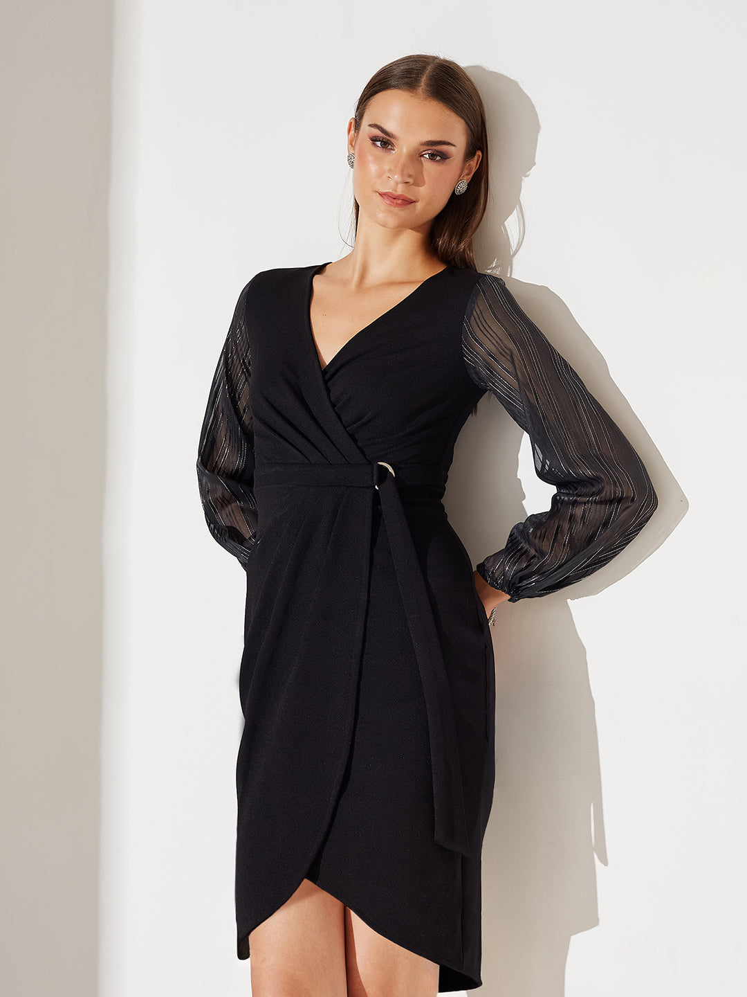 Women's Black Solid V Neck Bishop Sleeves Front Pocketed Polyester Wrap Knee-Length Dress