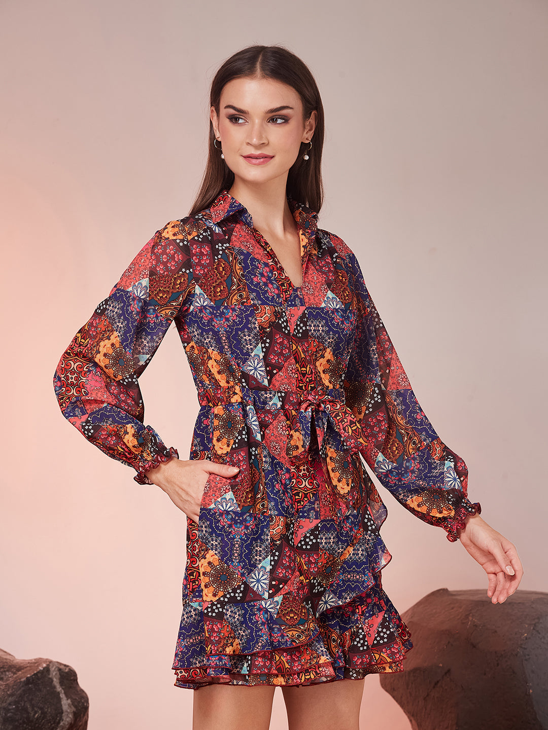 Multicoloured Shirt Collar Bishop Sleeve Printed Bohemian Short Georgette Playsuit for Women