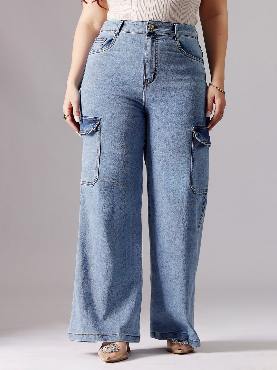 24/7 Comfort Blue Wide-Leg High-Rise Heavy Wash Regular-Length Stretchable Cargo Denim Jeans
