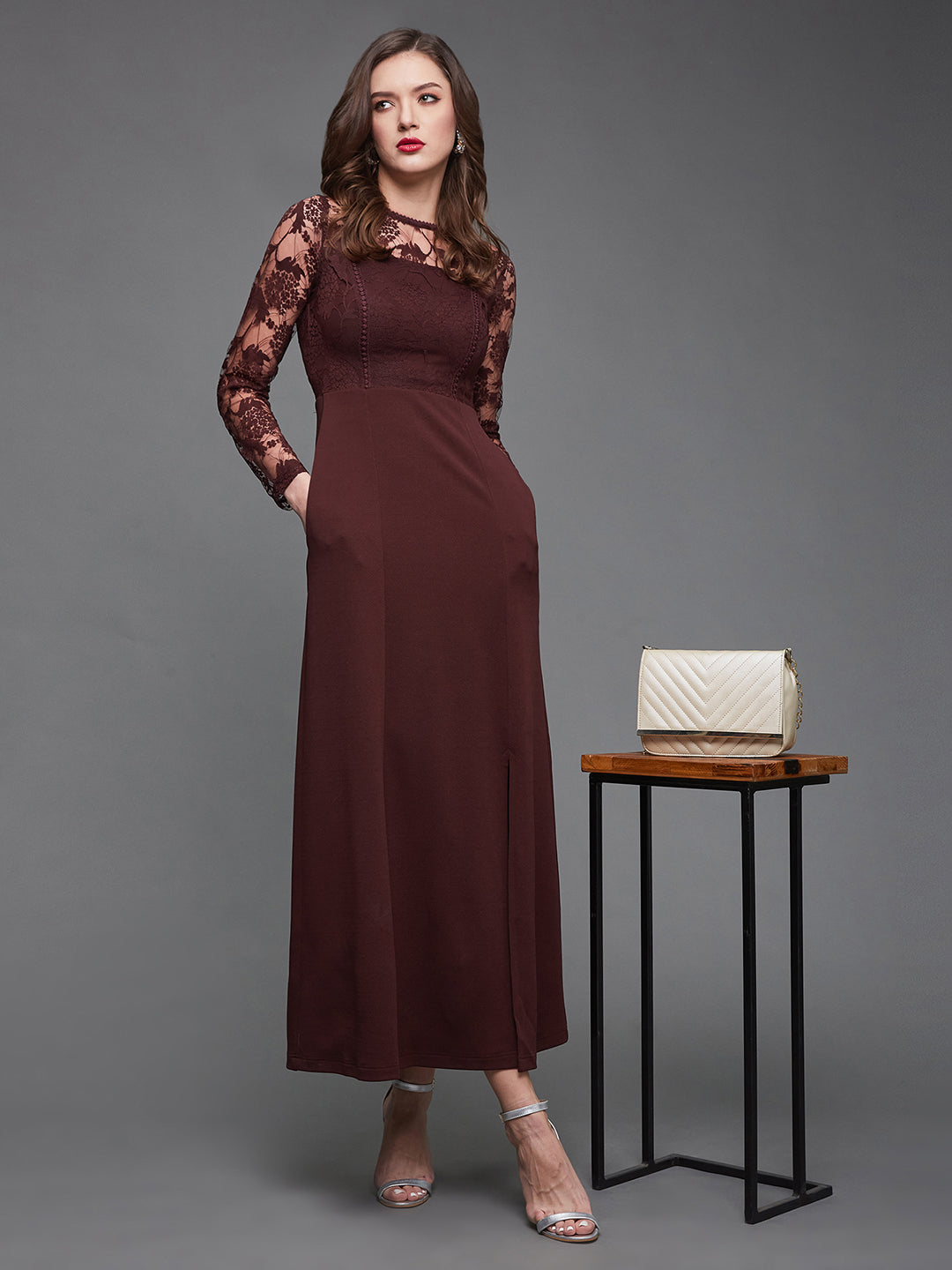 Wine Red Full Sleeves Lace Column Maxi Dress Long Dress Gown Frock for Women | Date Night Edit