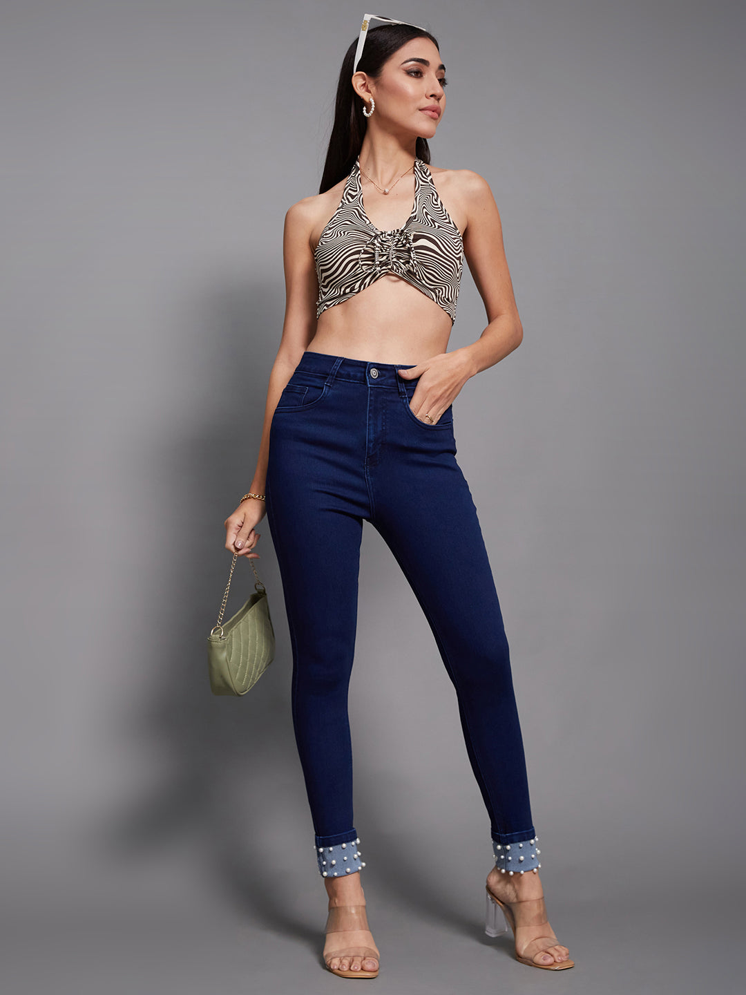 24/7 Comfort Navy-Blue Skinny-Fit High-Rise Pearl Embellished Stretchable Denim Jeans