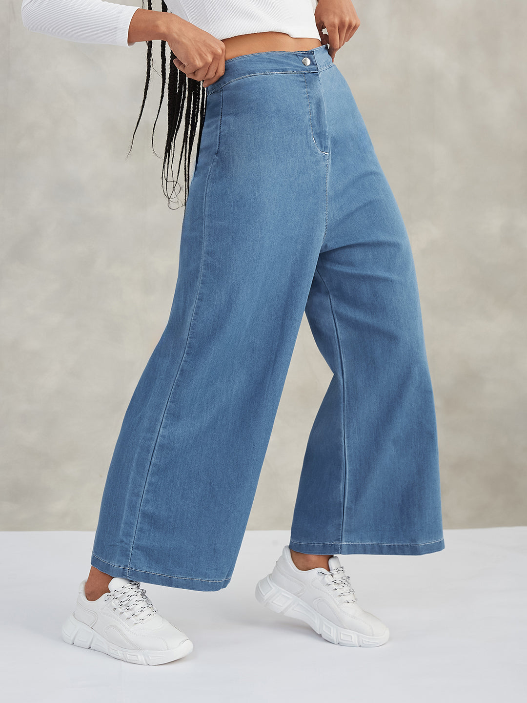 Women's Blue Flared Wide-Leg High-Rise Non-Stretchable Denim Pants