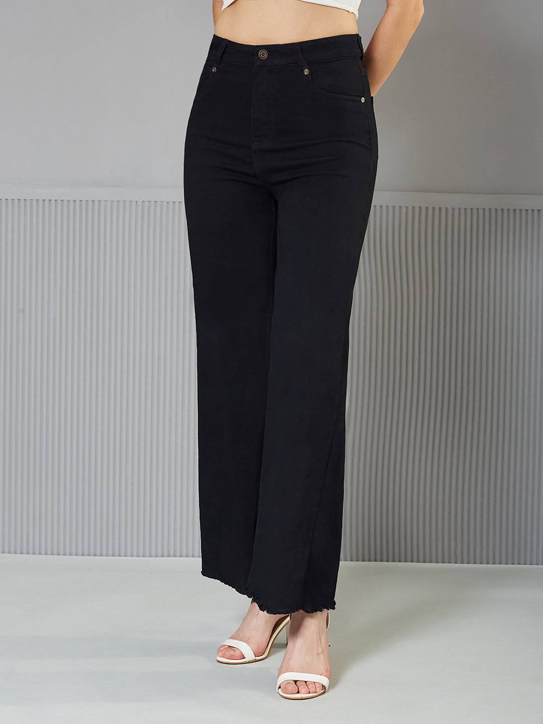 Black High-Rise Stretchable Wide-Leg Denim Jeans for Women