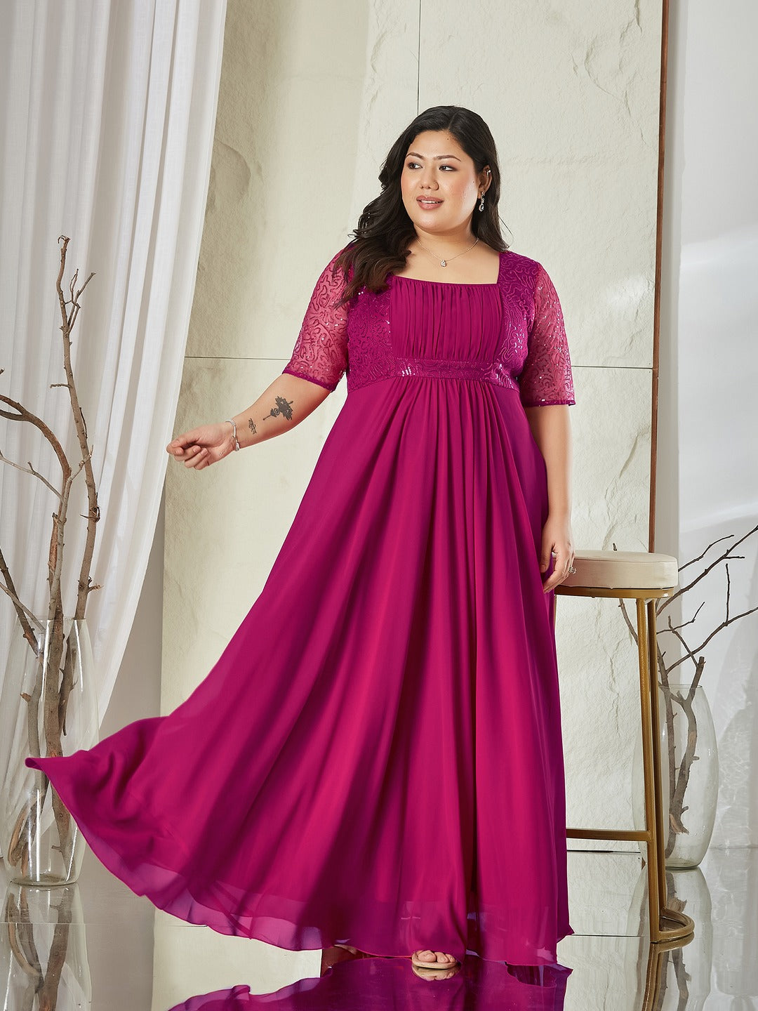 Dusty Pink Square Neck Half Sleeve Solid Embellished Maxi Dress for Women