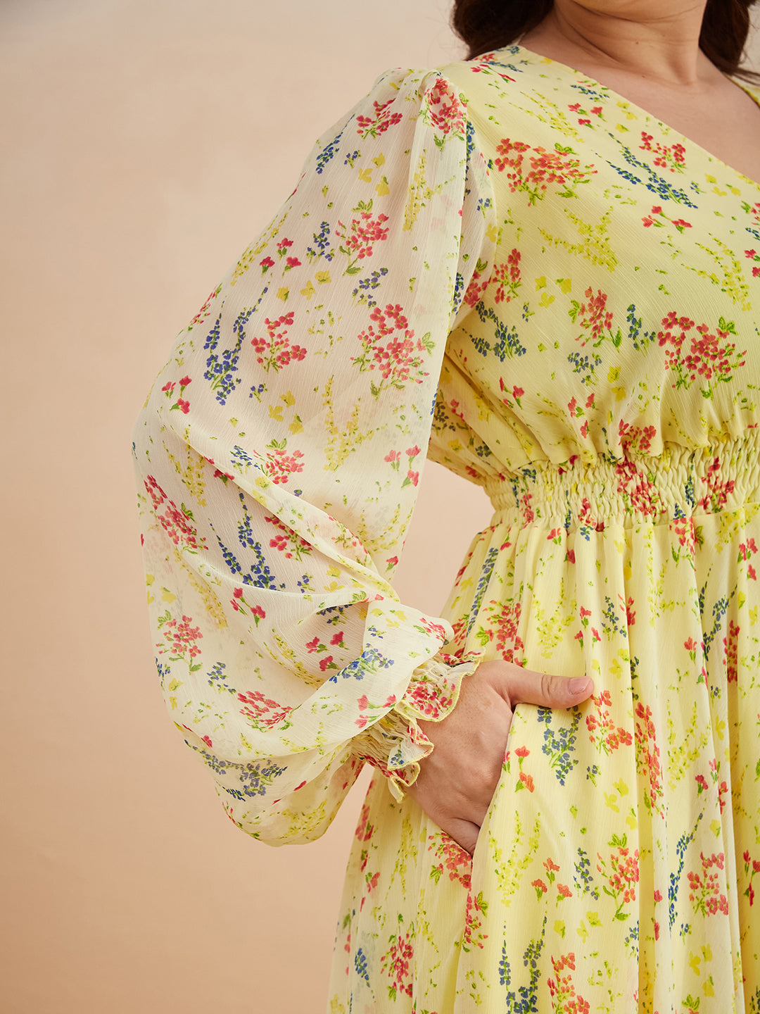 Multicolored-Base-Lime Yellow V-Neck Bishop Sleeve Floral Gathered Chiffon Maxi Dress for Women