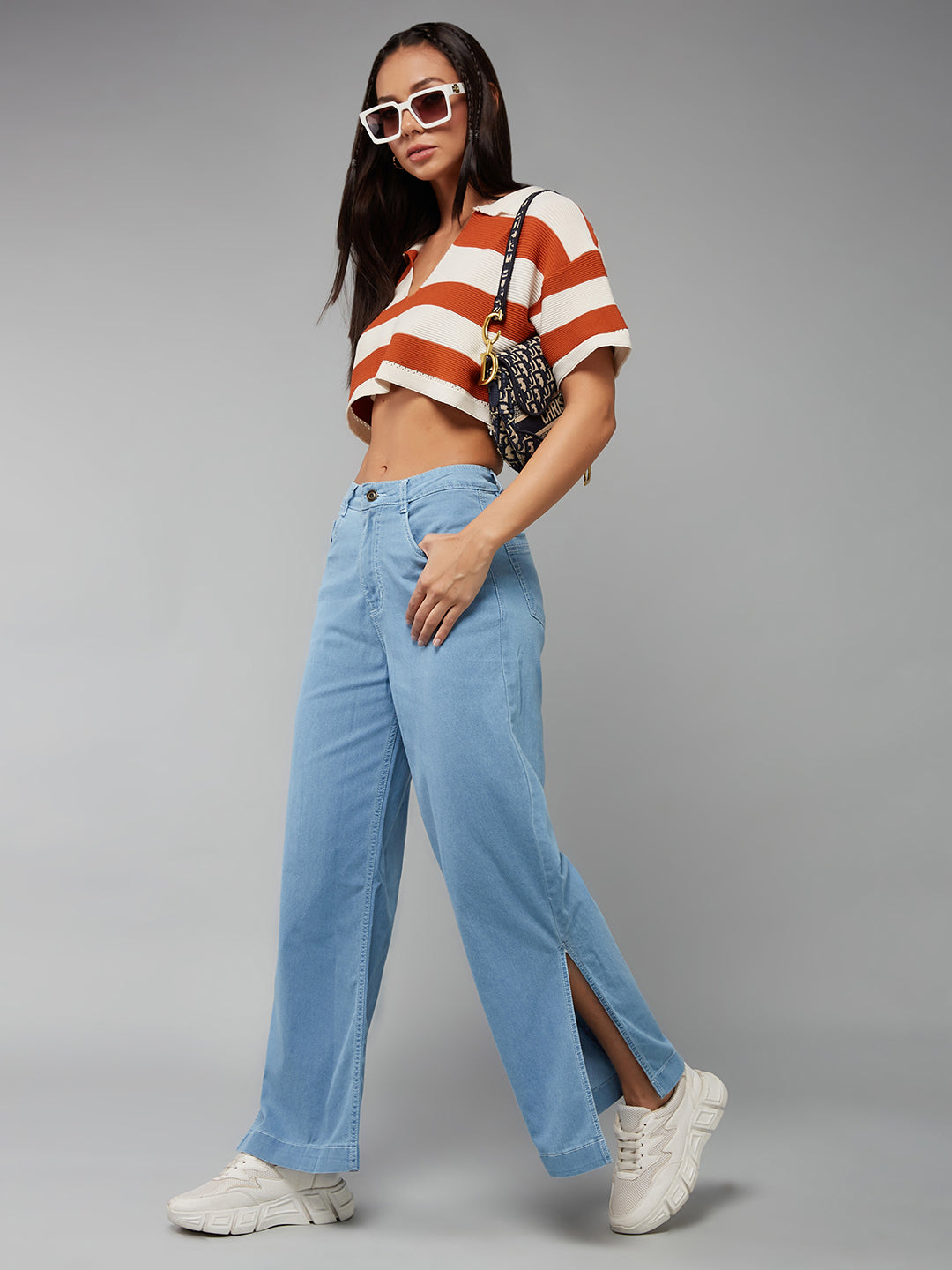 24/7 Comfort Light Blue Wide-Leg High-Rise Clean-Look Regular Stretchable Denim Jeans