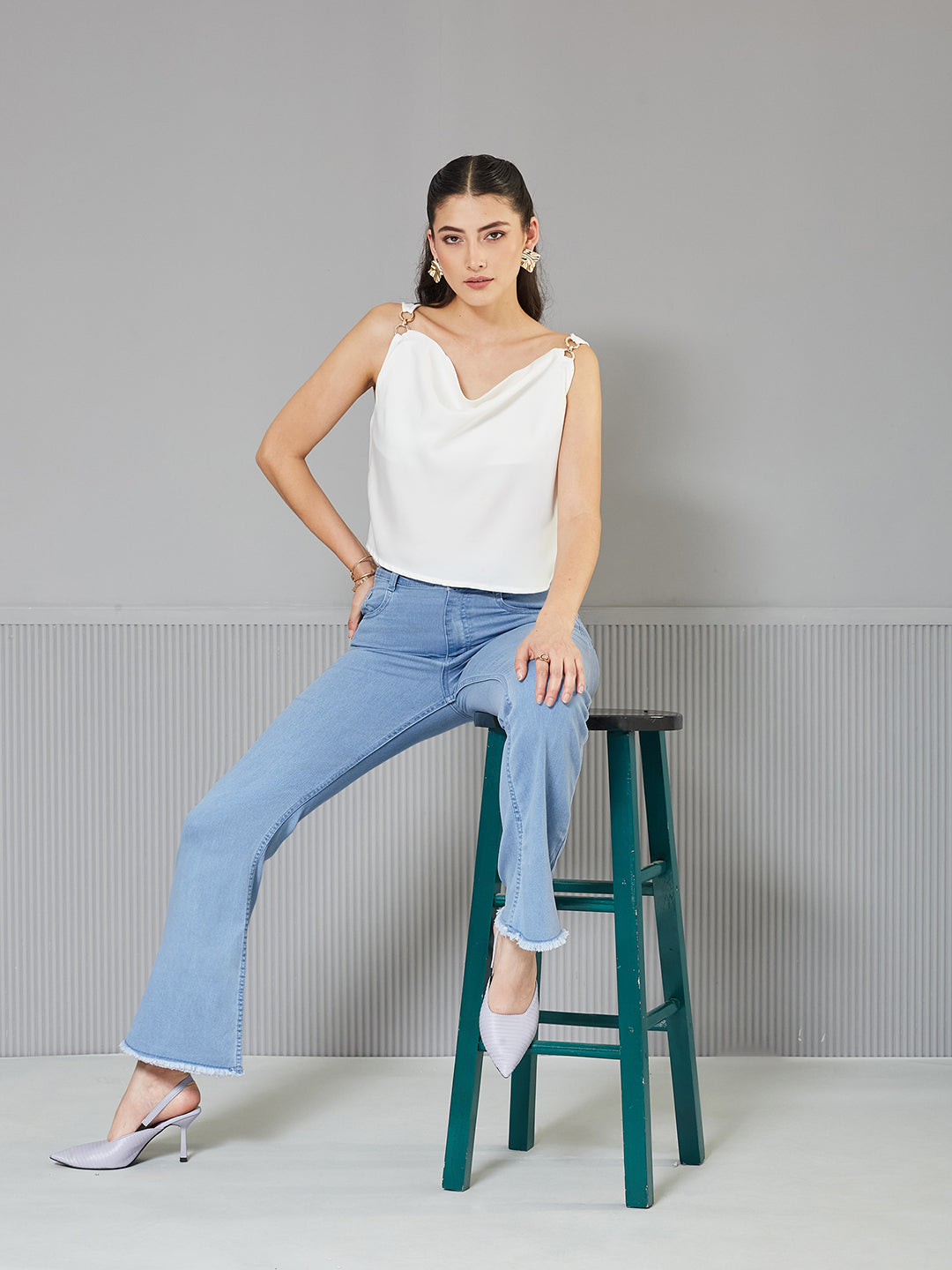 Light-Blue Boot Cut High-Rise Cropped Stretchable Denim Jeans for Women
