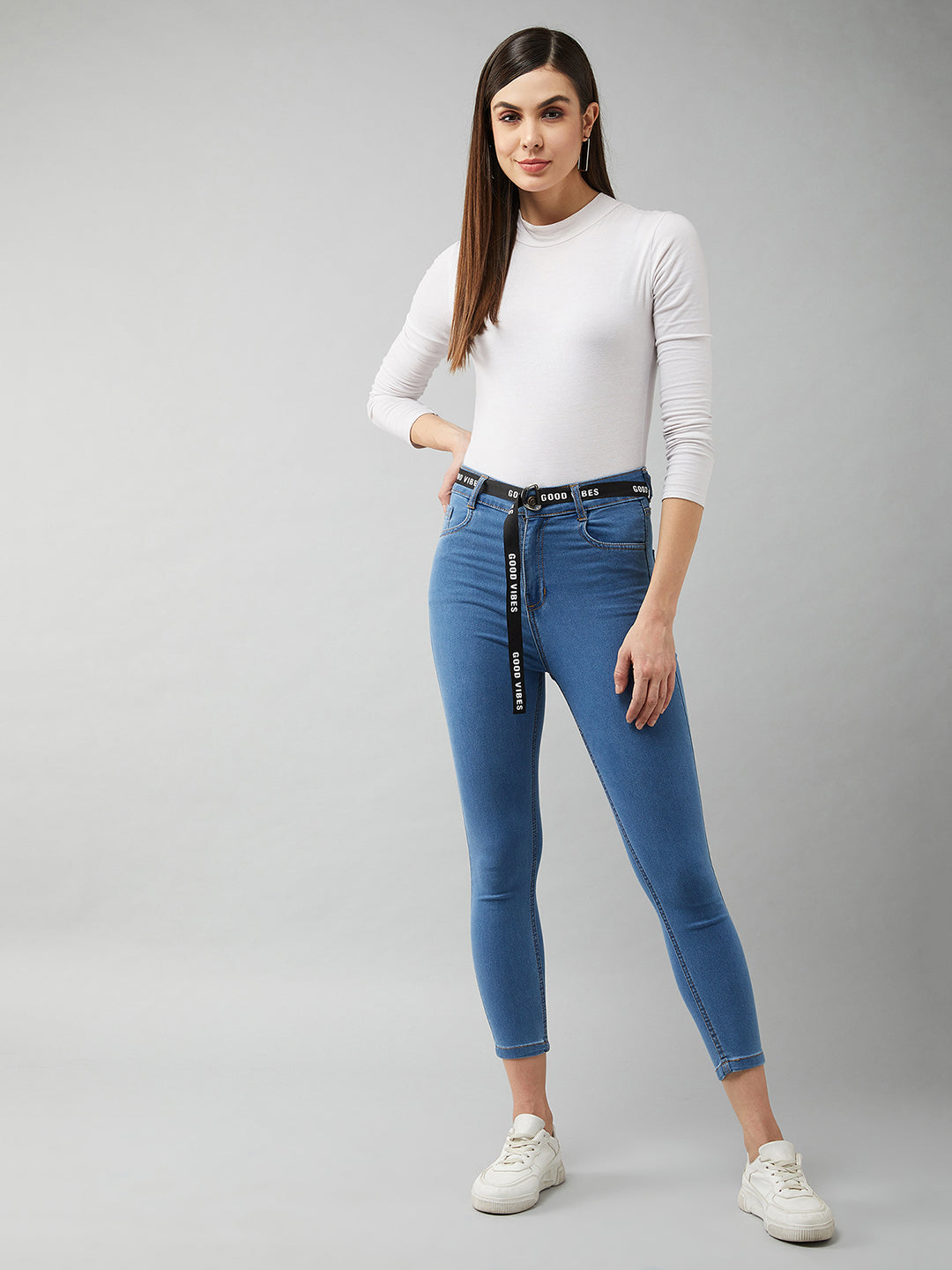 Women's Blue Cotton Skinny-Fit Cropped High-Rise Stretchable Denim Jeans