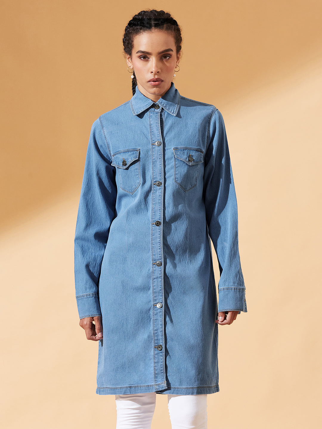 Blue Polo Neck Full Sleeves Denim Knee-Long Shrug for Women