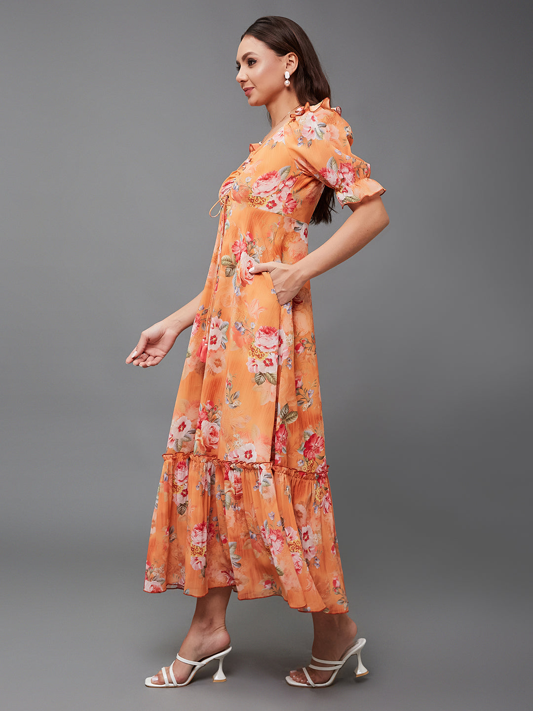 Women's Multicolored-Base-Orange V-Neck Puff Sleeve Floral Ruching Ankle-Length Dress