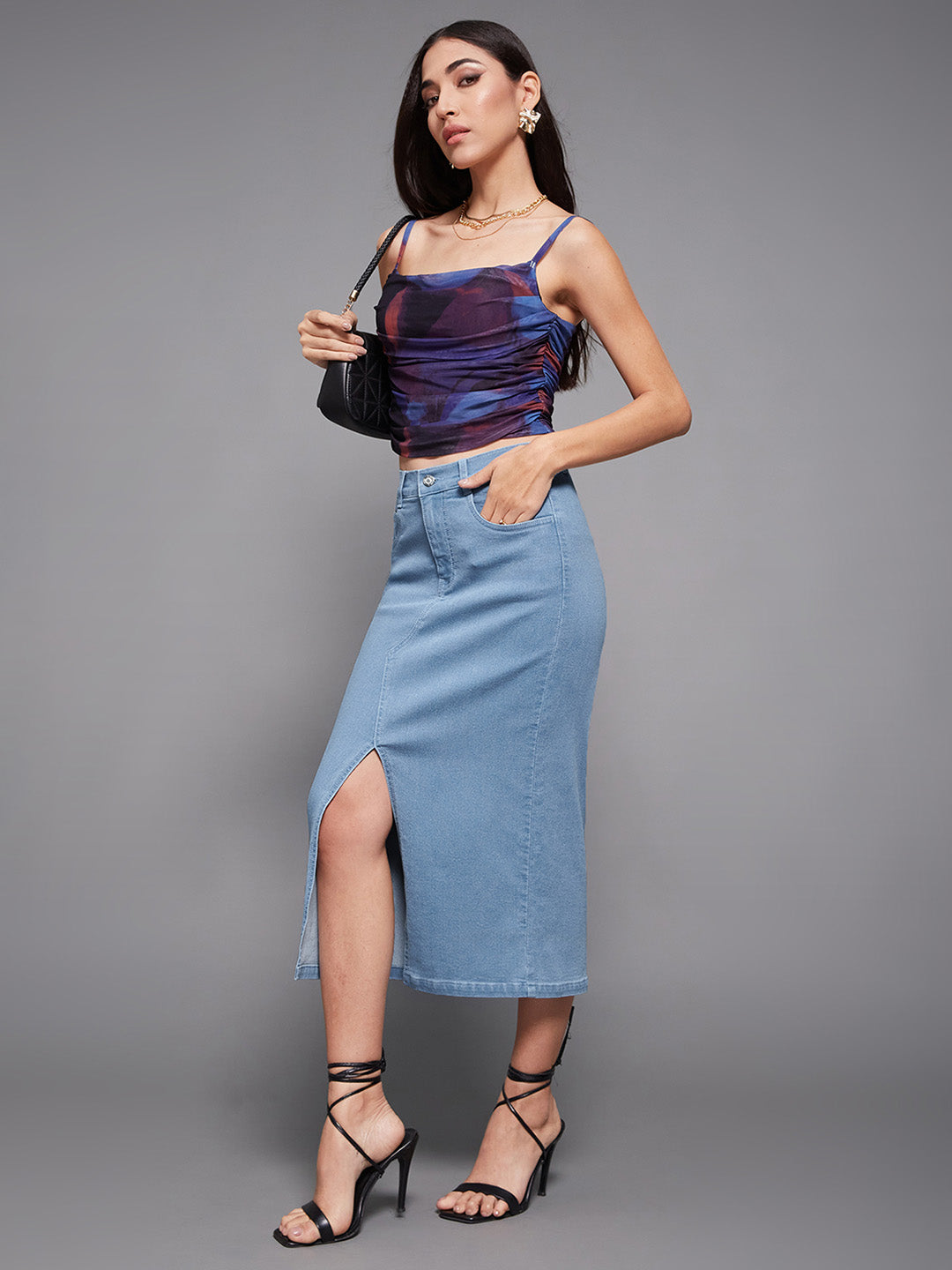 Women's Light Blue Straight-Fit High-Rise Stretchable Denim Midi Skirt