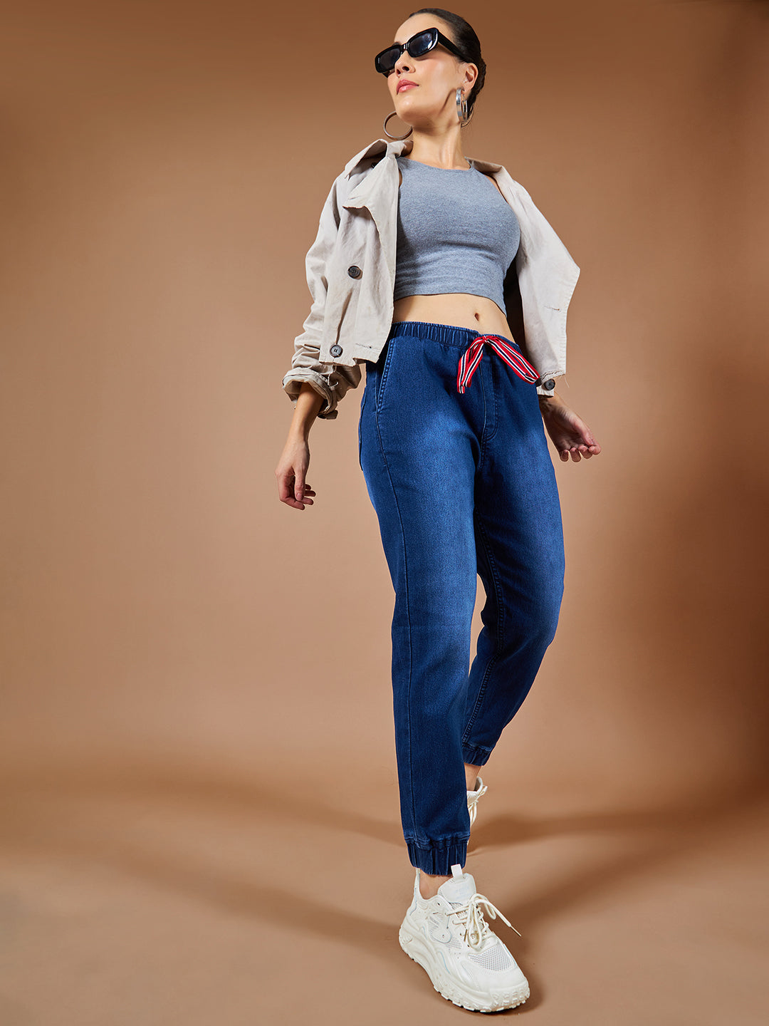 Women's Navy Blue Solid Mid Rise Clean-Look Regular Length Stretchable Denim Jogger Pants