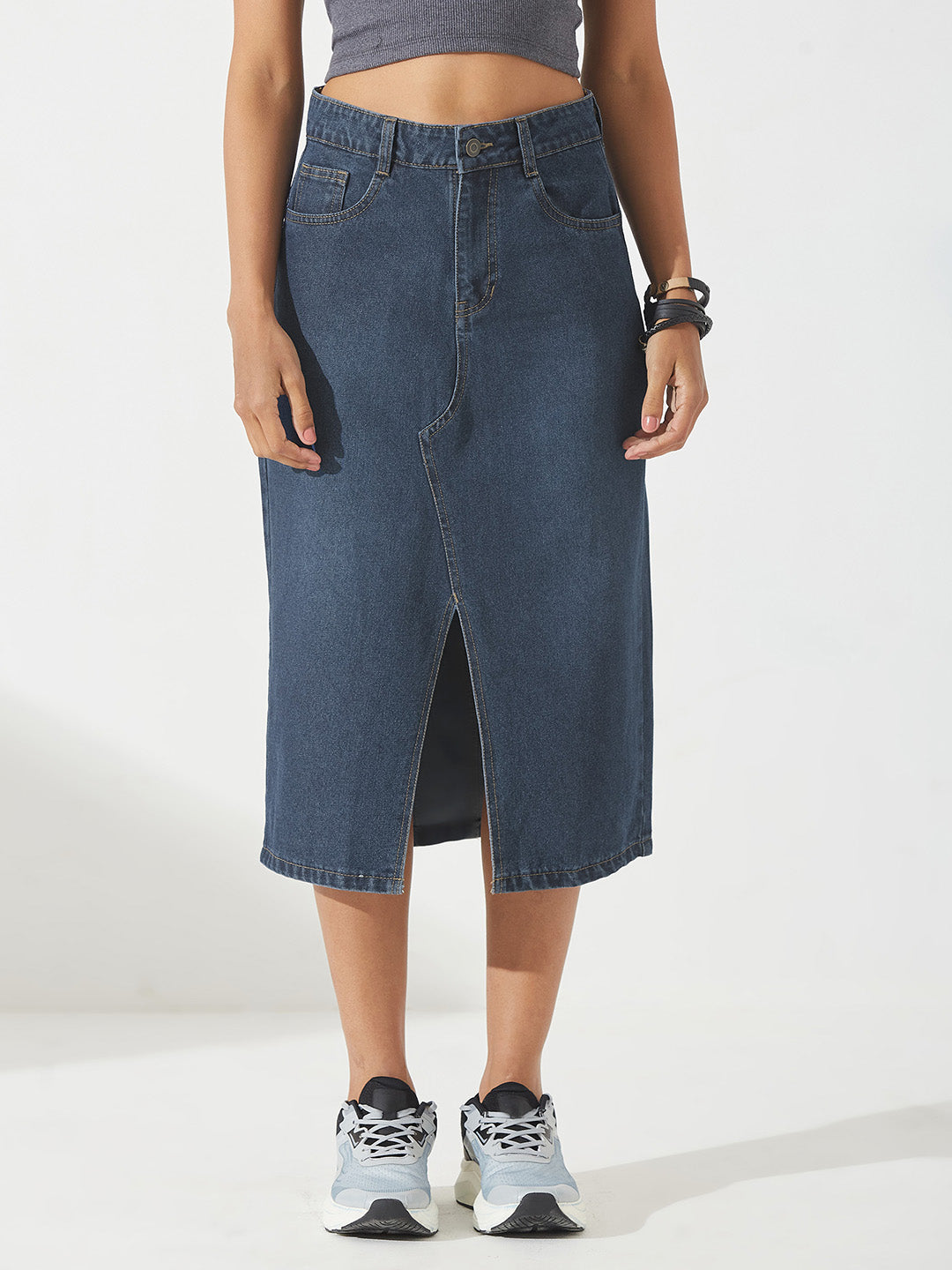 Dark Blue A-Line High-Rise Non-stretchable Denim Midi Skirt for Women