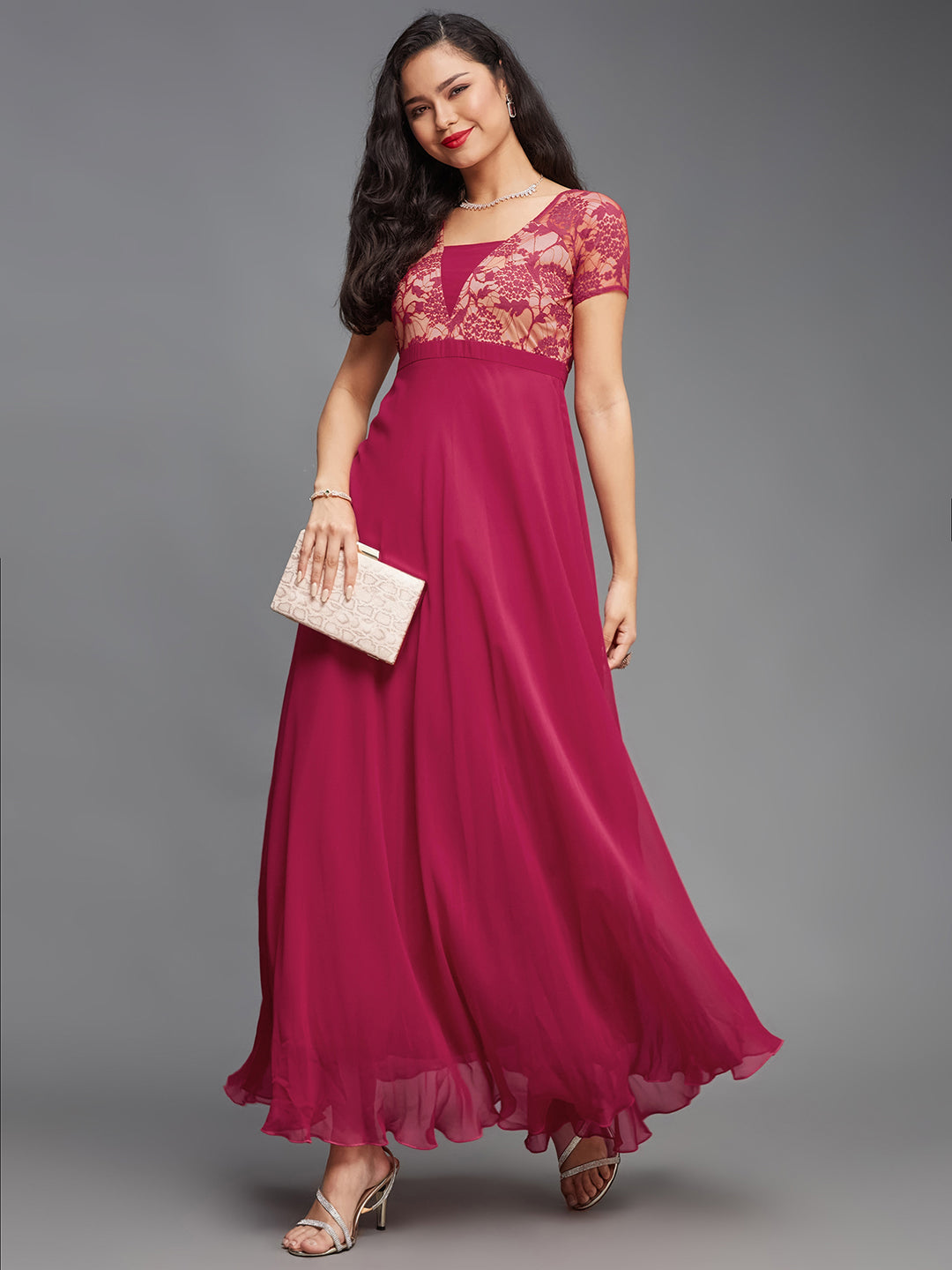 Dark Pink Georgette & Lace dress — Miss Chase