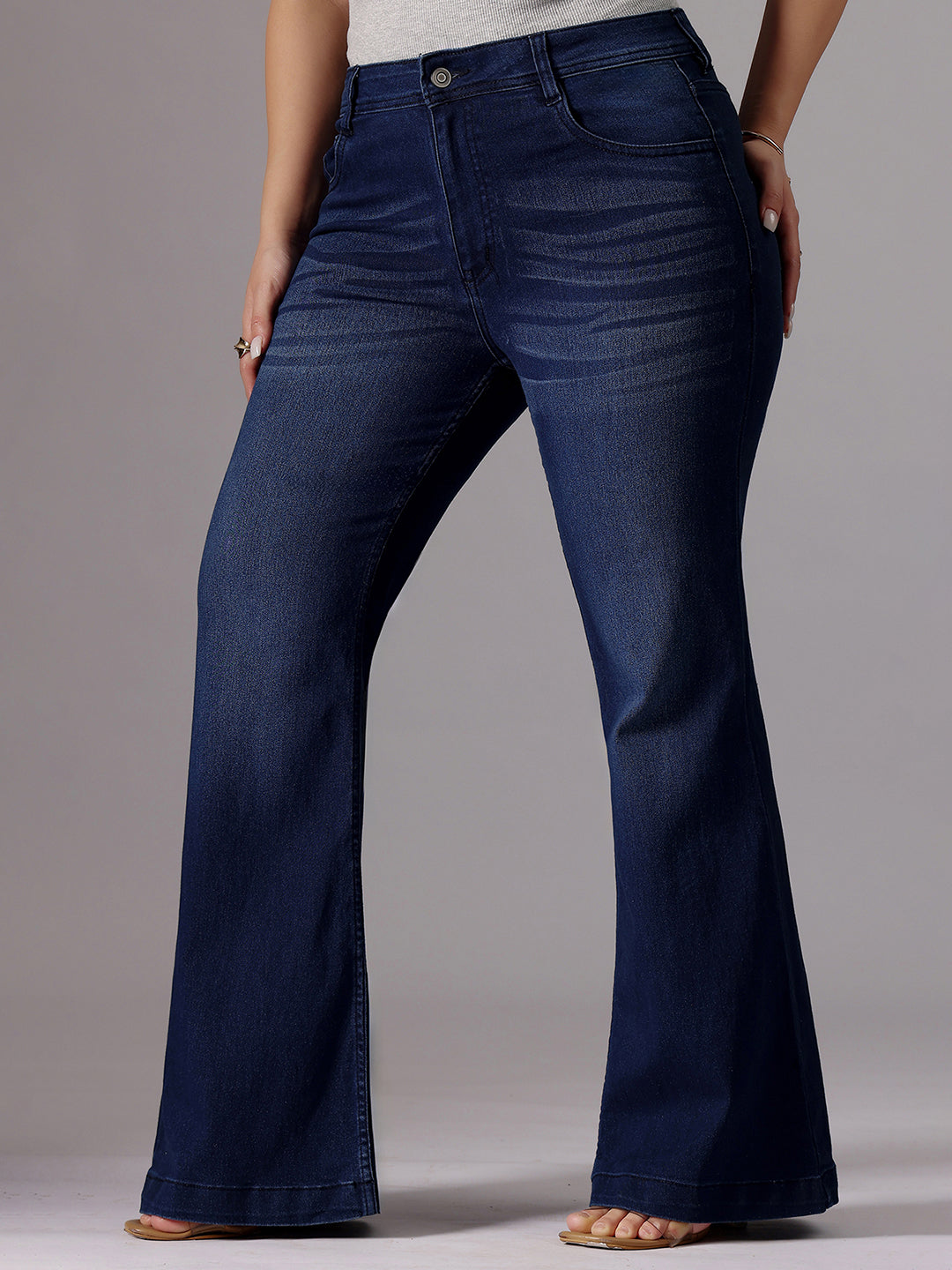 24/7 Comfort Navy-Blue High-Rise Clean-Look Regular-Length Stretchable Bootcut Denim Jeans