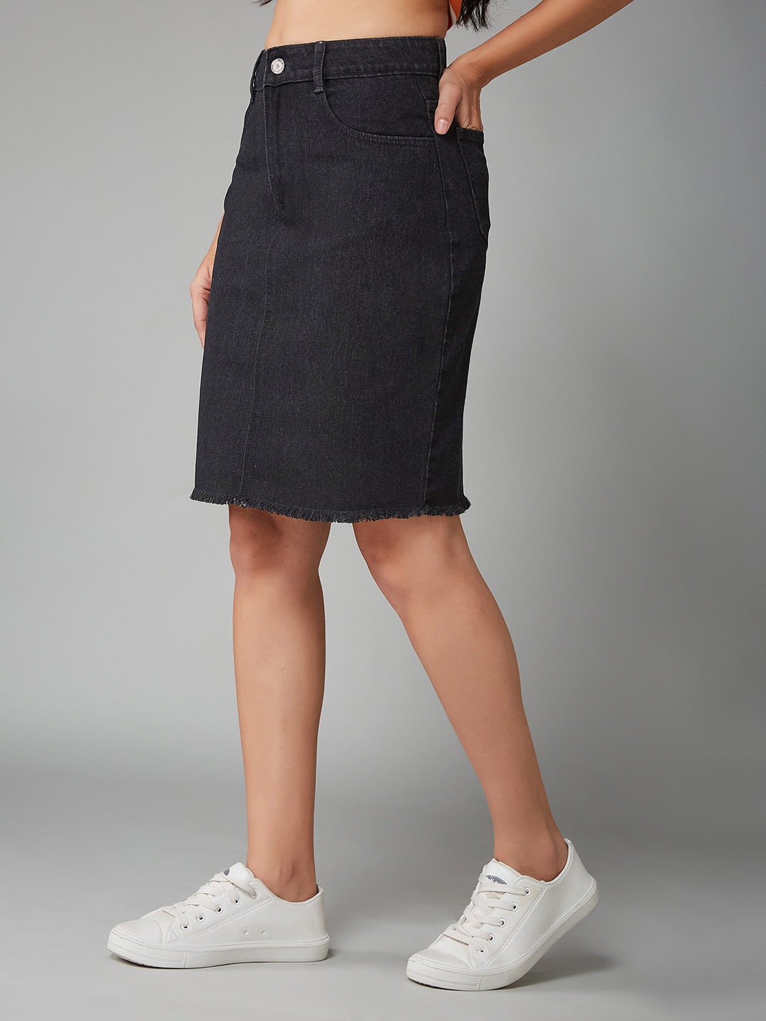 Women's Black Bodycon High-Rise Clean-Look Above Knee Denim Skirt