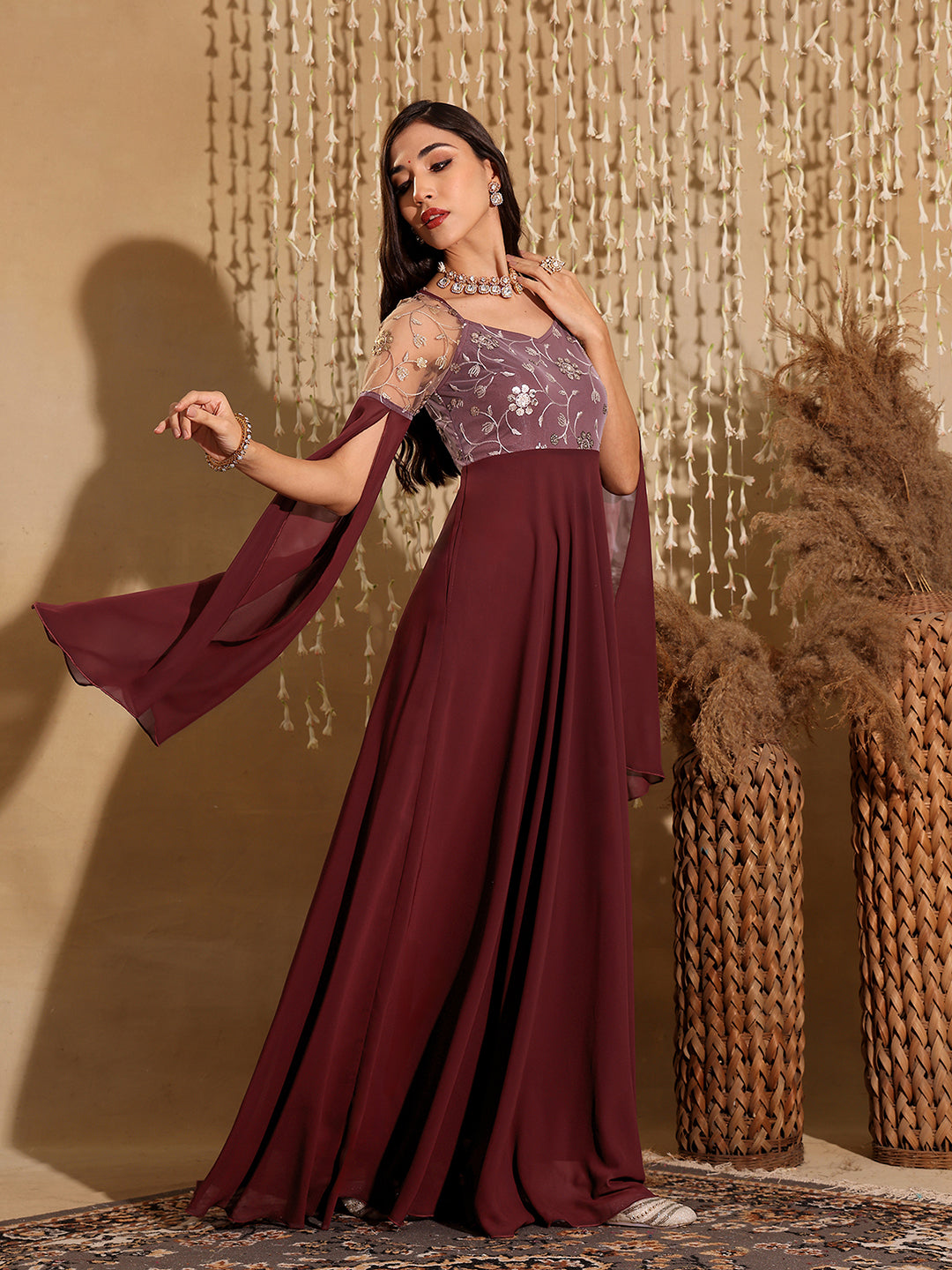 Women's Wine V-Neck Flared Long sleeve Embroidered Fit & Flare Maxi Dress