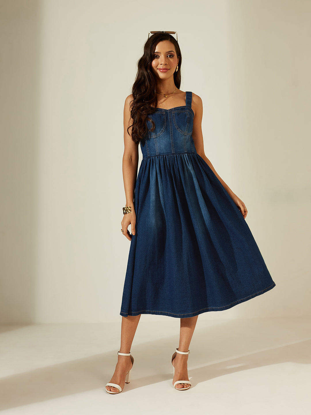 Navy Blue Sweetheart Bustier Gathered Midi Denim Dress For Women