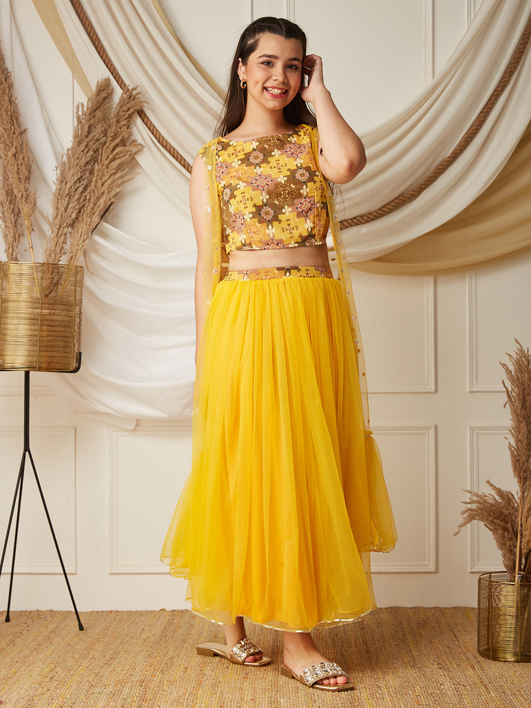 Multicolored-Base-Mustard Boat-Neck Sleeveless Embellished Fit & Flare Regular Fusion Set
