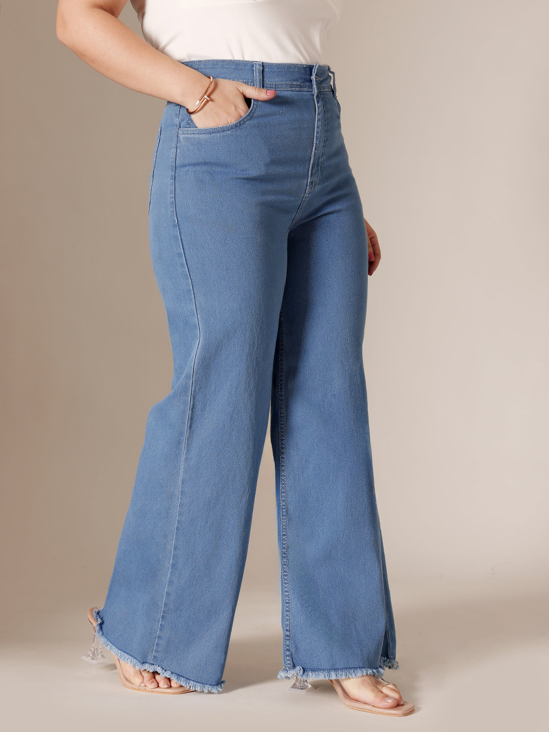 Blue Wide-Leg High-Rise Clean-Look Regular-Length Stretchable Denim Jeans for Women