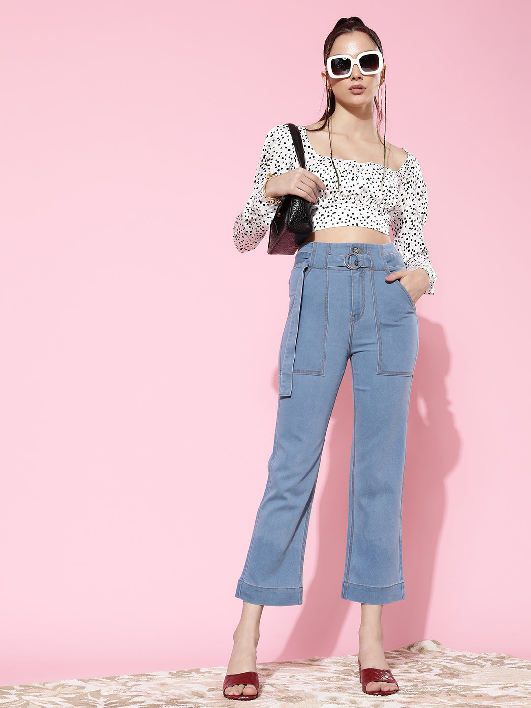 Women's Light Blue flared High-Rise Clean-Look Cropped Stretchable Denim Jeans