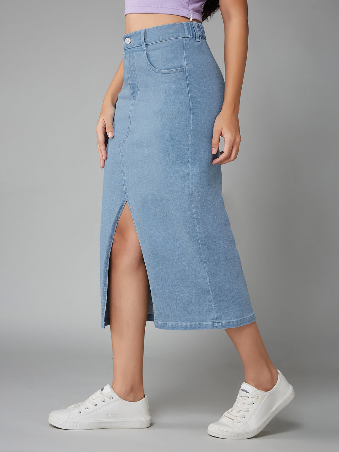 Women's Light Blue Straight-Fit High-Rise Clean-Look Stretchable Denim Midi Skirt