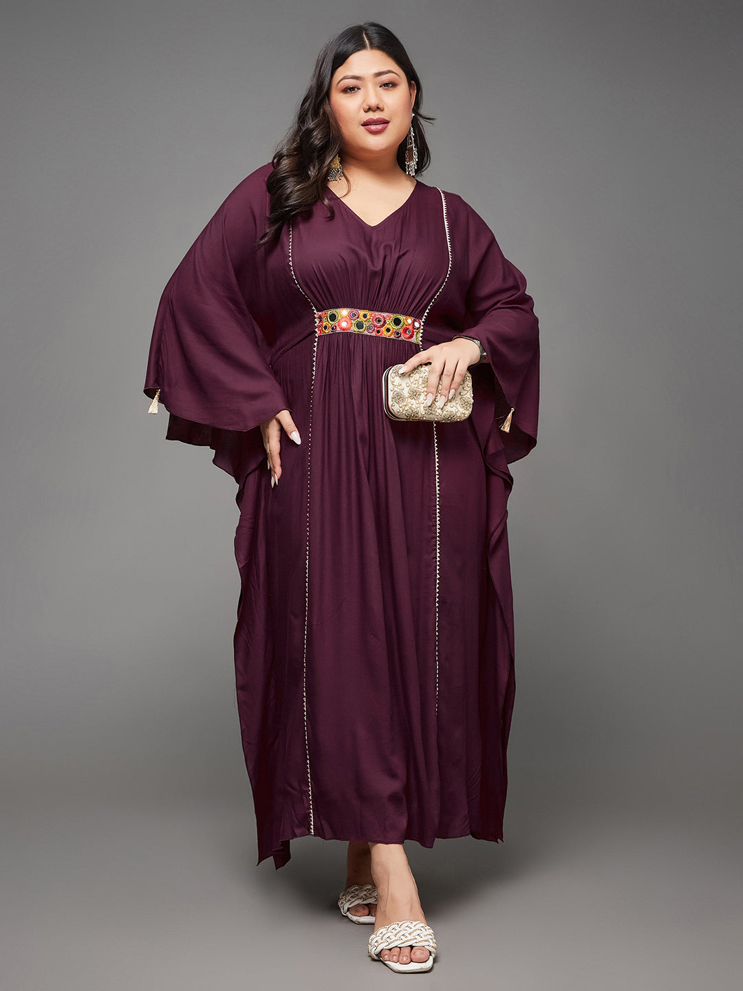 Wine Red Kaftan Dress with Multicoloured Embroidered Belt for Women | Indowestern Collection