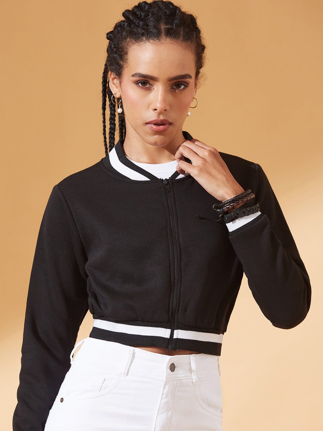 Black V-Neck Full Sleeves Loopknit, Rib Solid Bomber Cropped Jacket for Women