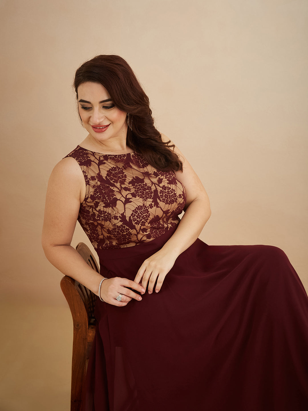 Beige & Wine Round Neck Sleeveless Georgette Floral Lace Fit & Flare Maxi Dress for Women