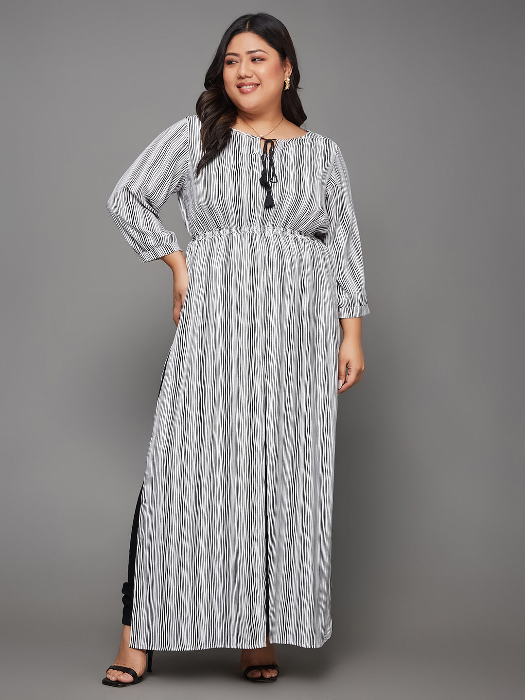 Body Bliss Black & White Striped Tassel Maxi Top for Women